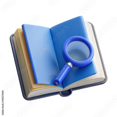 3d open book with magnifying glass isolated on transparent background