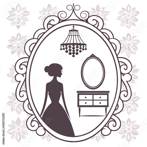 Silhouette Bride in Oval Frame with Mirror and Chandelier