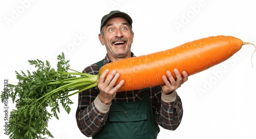 Man Holding a Giant Carrot - A surprised man in gardening attire holds an enormous carrot, showcasing its impressive size and vibrant color against a white background