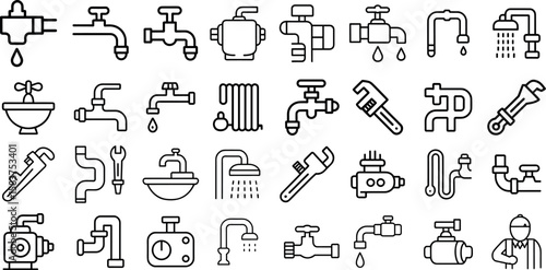 Bathroom icon set, bathroom renovation: bathtub, shower head, vanity, mirror, toilet, towel rack, tile more vector illustration