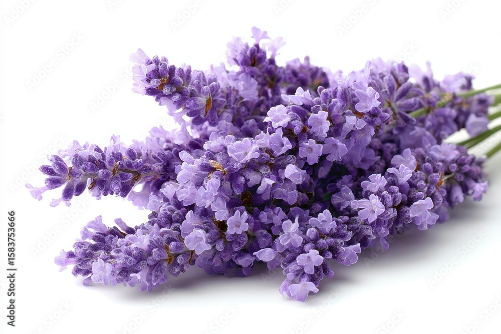 Obraz premium Beautiful bouquet of purple lavender flowers isolated on a clean background, showcasing intricate details of the blossoms and stems perfect for floral arrangements and relaxation