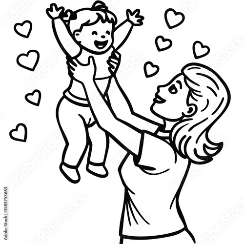 Vector art of mother happily tossing her baby in the air