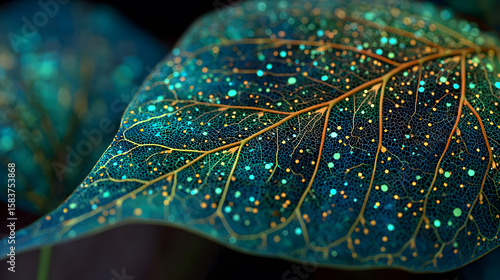 Close up of emerald green leaf veins with glowing dots