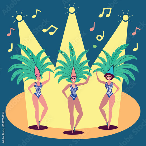 Three women in costumes dancing under spotlights with musical notes