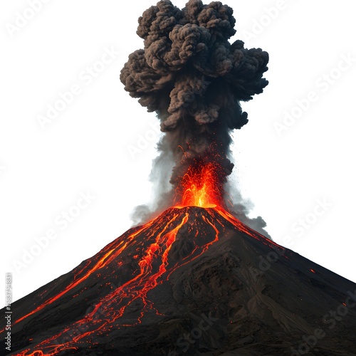 Witness the raw power of nature as a volcano erupts, spewing molten lava and dark plumes of smoke into the sky, a powerful display of earth's fury. 