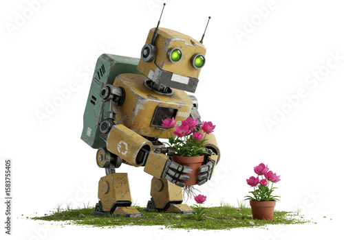 Isolated Vintage Robot Gardener Holding a Pot of Pink Flowers with Care