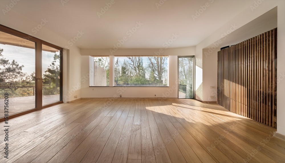 Fototapeta premium modern minimalist living space with empty interior design featuring wooden floor and natural light