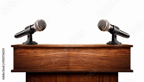 isolated wooden podium with two microphones