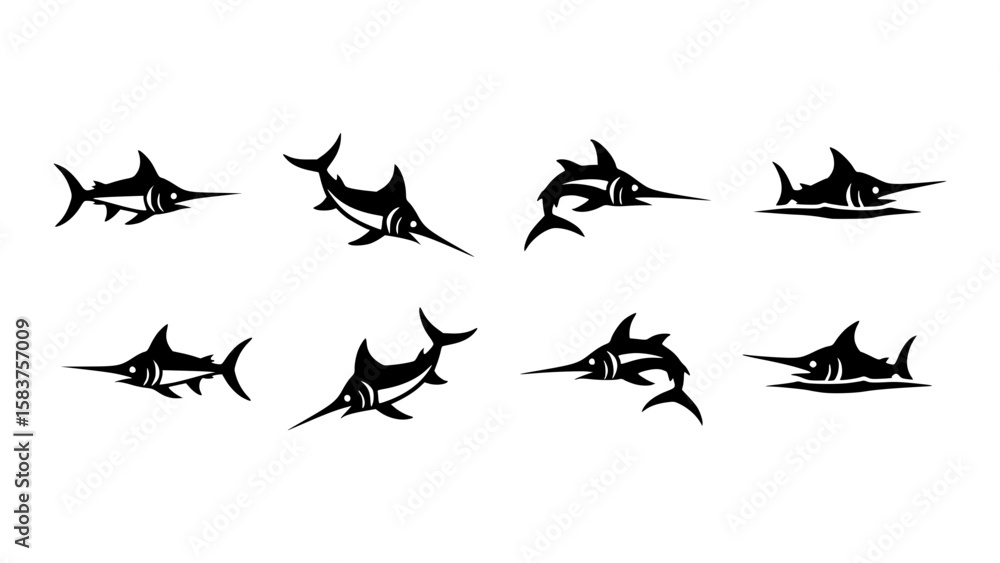 Fototapeta premium Collection of stylized marlin fish illustrations in various poses 