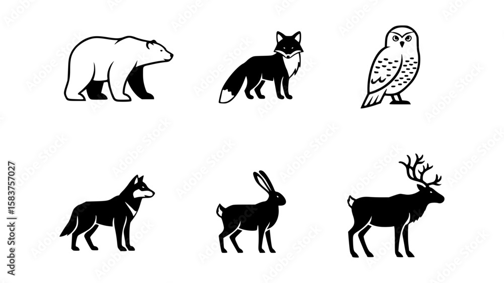 Naklejka premium An illustration of various animal silhouettes. Depicting a range of animal forms in black and white, it captures the essence of diverse wildlife
