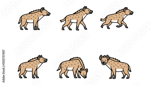 Hyena in several postures, showcasing its distinct look, creating a vivid depiction of the animal