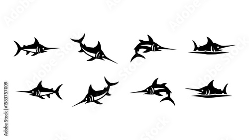 Collection of stylized marlin fish illustrations in various poses 