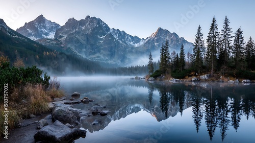 Fototapeta Naklejka Na Ścianę i Meble -  A serene lake at dawn within Tatra National Park, Poland, with mist rising from the water and majestic mountain peaks reflecting on its clear surface.