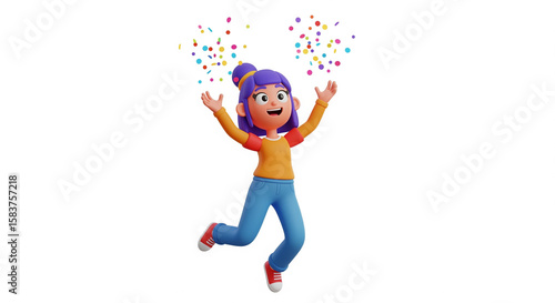 Celebration cartoon girl confetti happy joy party fun animation render