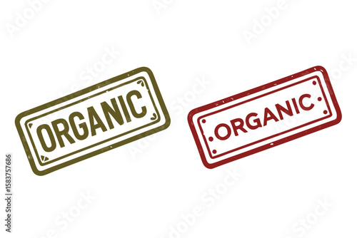 organic stamps green red rectangular food label certification grunge design isolated on white background.