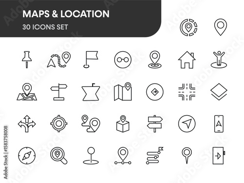 Maps and Location icons outline vector set black. Maps Icons vector illustration with thin line editable stroke containing search map, navigation. satellite, compass, direction, route.