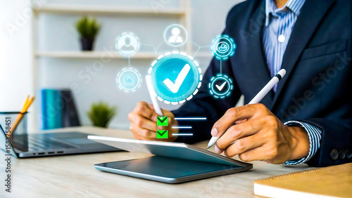 Businessman interacting with digital checklist and approval icons on tablet screen