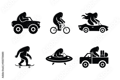 Bigfoot driving vehicles and riding skateboard Sasquatch Yeti