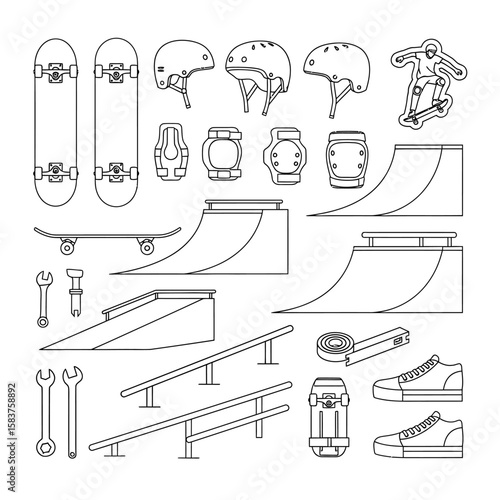 Vector art of collection of skateboarding equipment and obstacles for a skate park