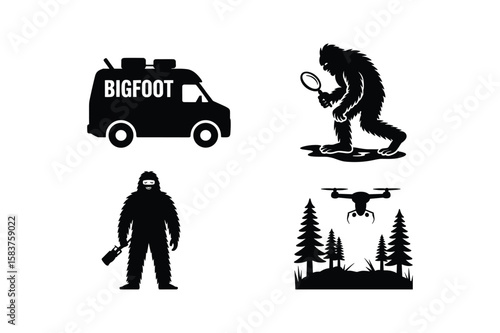 Bigfoot van searching with magnifying glass drone in forest sasquatch yeti