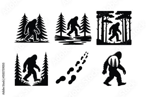 Bigfoot walking through forest and leaving footprints Sasquatch trees