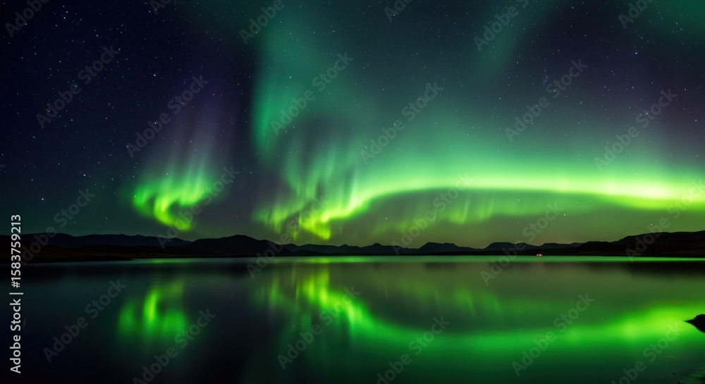 custom made wallpaper toronto digitalAurora borealis over water reflecting green light in the night sky.