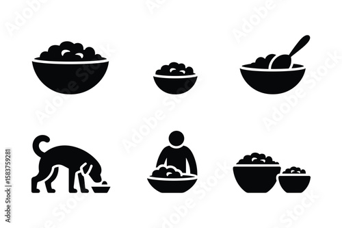Bowls of food with people and animals cereal spoon