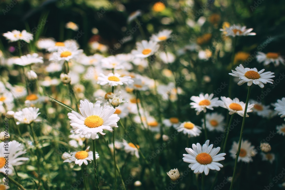 Fototapeta premium Blooming daisies brighten up a sunlit garden creating a vibrant atmosphere of natural beauty and tranquility