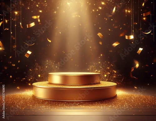 empty winners podium with 3 places luxury background with golden confetti