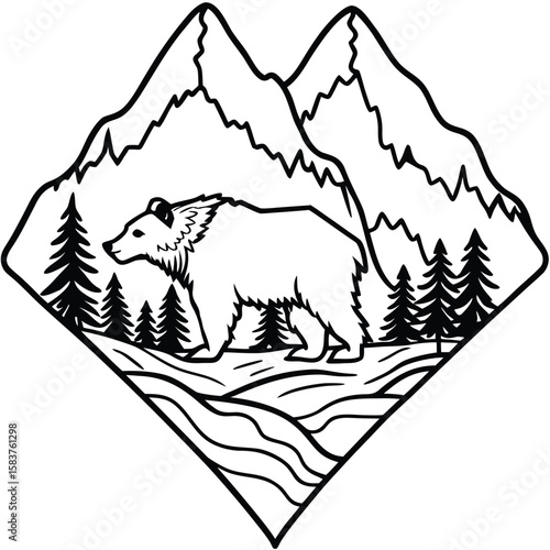 Vector art of bear walking through a forest with mountains