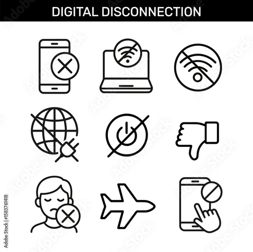 Set of digital disconnection outline icons with no wifi, airplane mode, offline globe, power off, blocked smartphone, and stop communication symbol