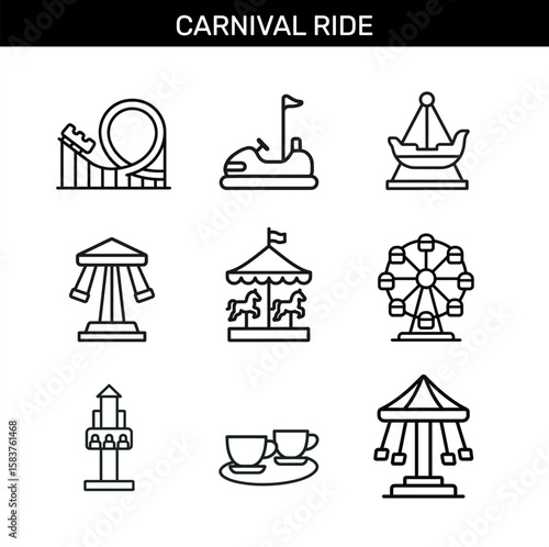 Set of carnival ride outline icons with roller coaster, bumper car, carousel, ferris wheel, swing ride, pirate ship, drop tower, teacup ride