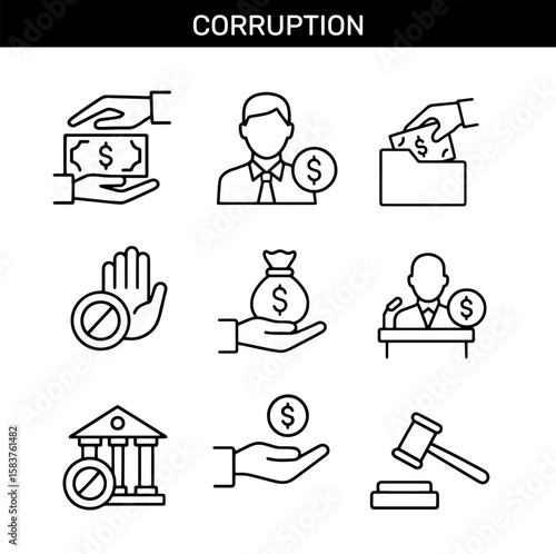 Set of corruption outline icons with bribe money, politician with dollar sign, ballot box, anti-bribery hand, money bag, corrupt speaker, forbidden government building, donation hand, judge gavel