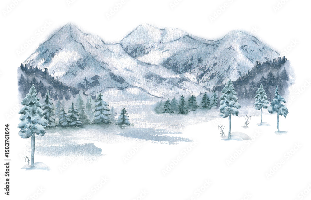 Obraz premium Winter landscape with snow covered mountains, misty fir forests and muted spruce trees watercolor isolated. Monochrome woodland scenery hand painted for Christmas background, winter designs packaging.
