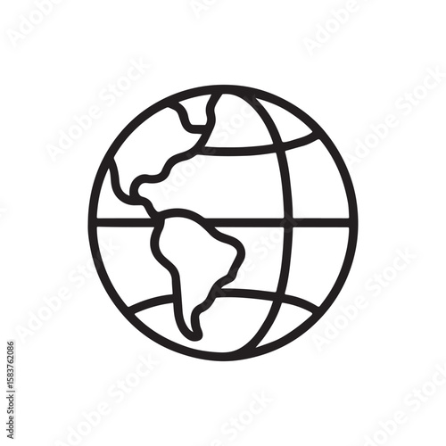 A simple, clean black and white line art icon representing the planet Earth, showcasing continents and latitude lines against a white background.