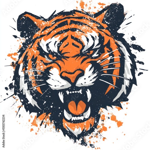 Roaring tiger head graphic with splatter effect