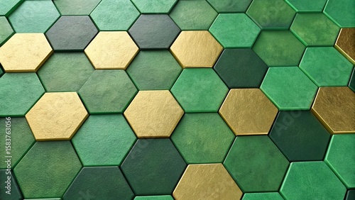 close-up of an abstract overlapping hexagonal tile pattern in shades of green and gold isolated on white background.