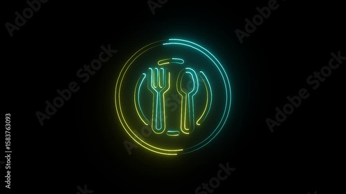 Neon Icon of Fork and Spoon Inside a Circle Representing Dining, Food, Culinary Arts, Meal Preparation, Restaurant Experience, and Hospitality Industry Services and Innovation.