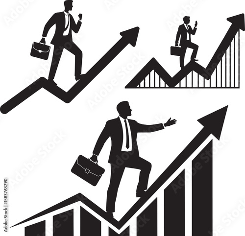 Silhouette of businesspeople climbing arrows and graphs symbolizing career growth financial success achievement leadership and business progress in workplace