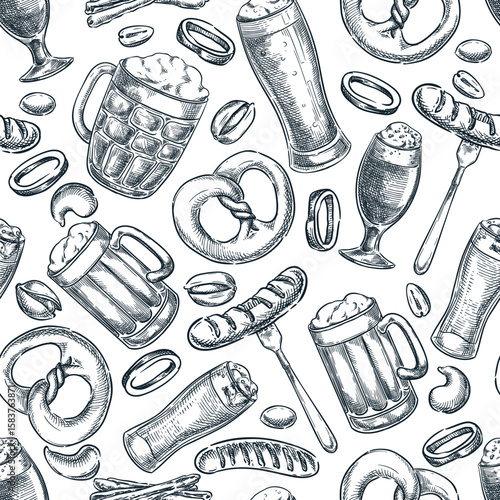 Beer seamless pattern. Vector sketch illustration. Brewing snacks and drinks design for pub, bar, Oktoberfest menu