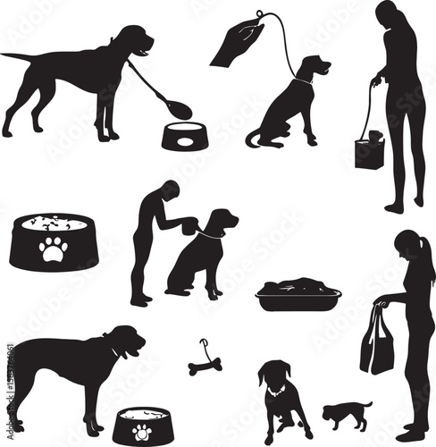 Black Silhouettes Dogs Owners Food Bowls Leashes Accessories Pet Care Collection vector