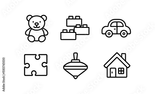 Minimalist toy icons set featuring teddy bear, bricks, car, puzzle piece, spinning top, and house