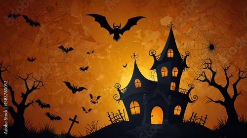 Spooky halloween haunted house illustration