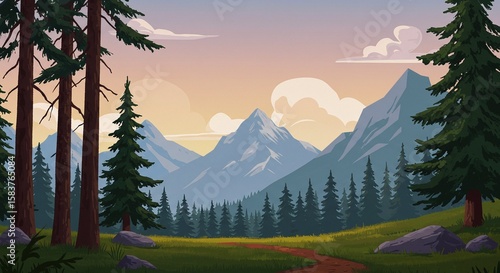 Serene Mountain Landscape with Forest and Sunset in Digital Illustration