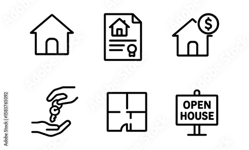 Real estate icons: home, agreement, keys, floor plan, open house