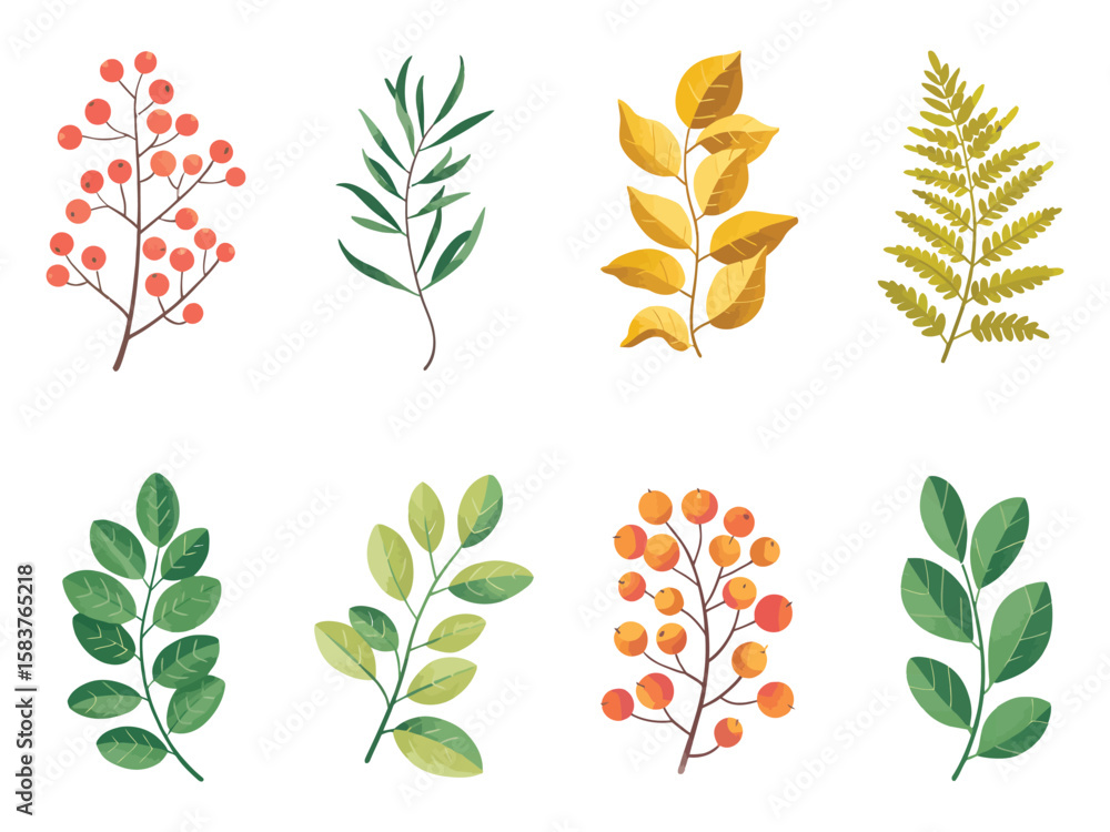 Naklejka premium Set of Autumn Foliage Branches with Red Berries and Leaves – Vector Collection of Botanical Design Elements in Flat Style for Seasonal and Floral Illustrations 
