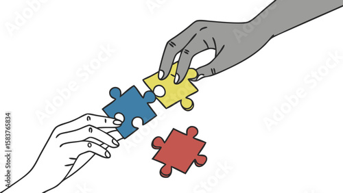 two hands connecting colorful puzzle pieces symbolizing collaboration and problem solving isolated on white background.