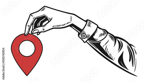 hand reaching for red location pin marker symbol navigation concept illustration design and isolated on white background.