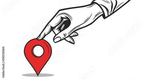 a hand placing a red map pin isolated on white background.