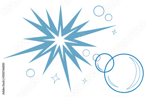 a light blue starburst with bubbles and sparkles isolated on white background.